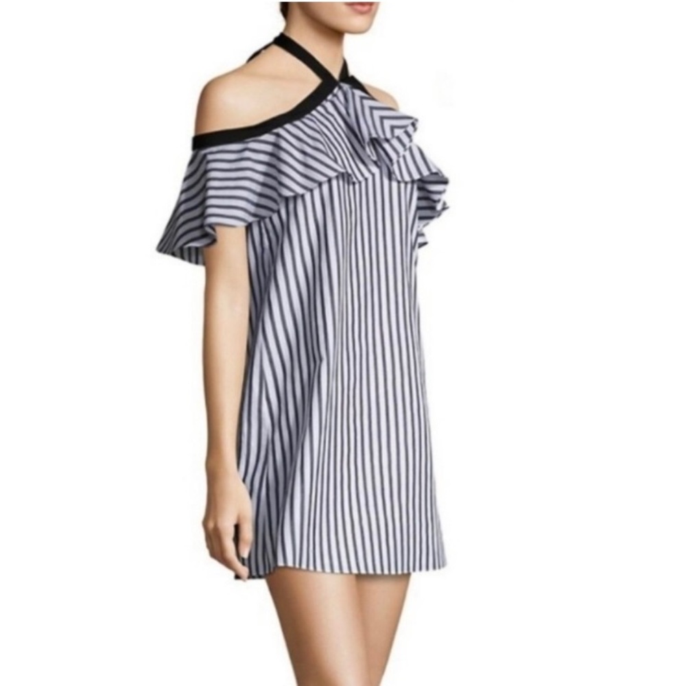 NWT Alice + Olivia Alexis Black White Stripe Halter Off Shoulder Mini Dress